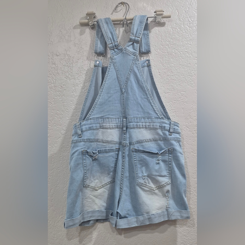 Light Blue Denim Overalls Shorts Size M/ L Destressed Y2k - Picture 9 of 11